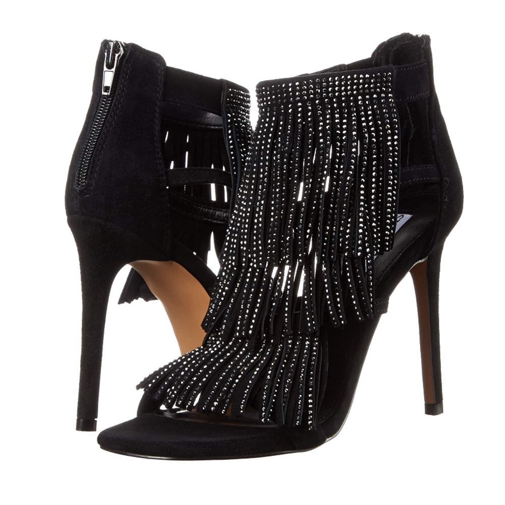 Steve Madden black fringe leather studded rhinestone heels 7